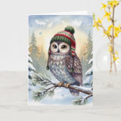 Christmas Watercolor Owl In Winter Hat カード (黄色い花)