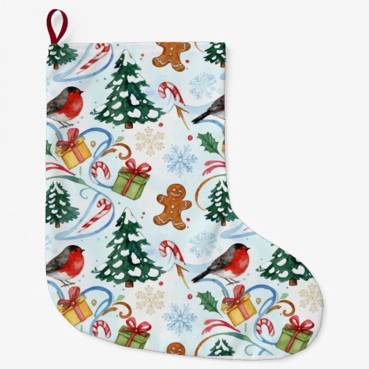 Christmas watercolor pattern  ラージクリスマスストッキング (正面)