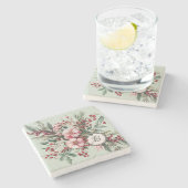 Christmas Watercolor Pink Floral Berries Stone Coa ストーンコースター (横)