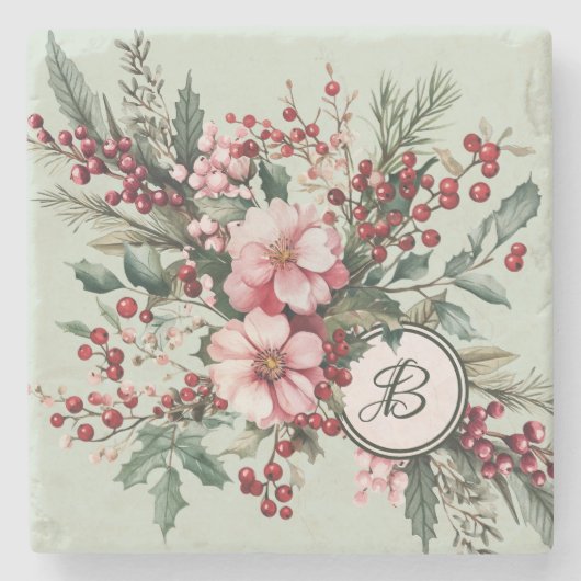 Christmas Watercolor Pink Floral Berries Stone Coa ストーンコースター (正面)
