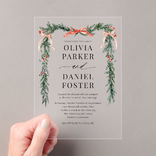 Christmas Watercolor Red Bow Winter Wedding アクリル招待状 (インサイチュ (ポータブル))