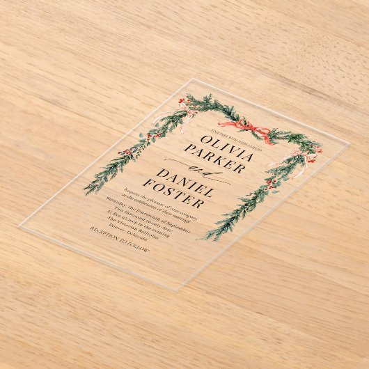 Christmas Watercolor Red Bow Winter Wedding アクリル招待状 (レイダウン)