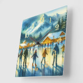Christmas Watercolor Resort Ice Skating スクエア壁時計 (傾斜)