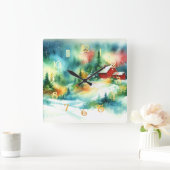 Christmas Watercolor Rural Winter Scene スクエア壁時計 (ホーム)