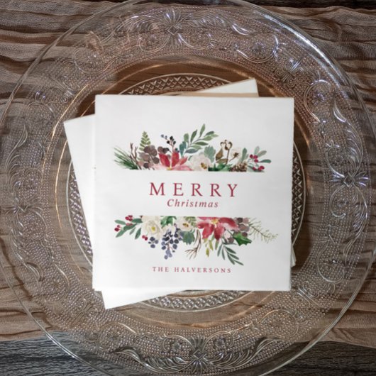 Christmas Watercolor Rustic Botanical Greenery スタンダードカクテルナプキン