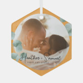 Christmas Wedding Keepsake Elegant Script photo ガラスオーナメント (正面)