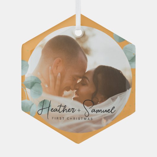 Christmas Wedding Keepsake Elegant Script photo ガラスオーナメント (正面)