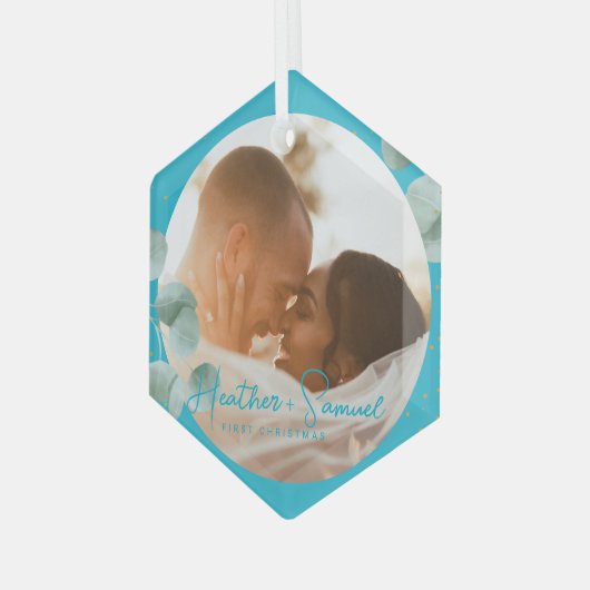 Christmas Wedding Keepsake Elegant Script photo ガラスオーナメント (正面左)