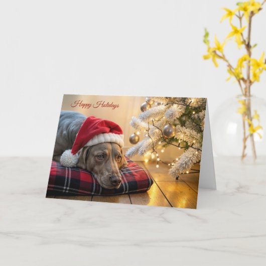 Christmas Weimaraner Dog By a Tree カード (黄色い花)