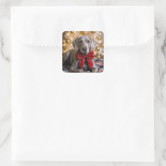 Christmas Weimaraner Dog With Red Bow スクエアシール (バッグ)