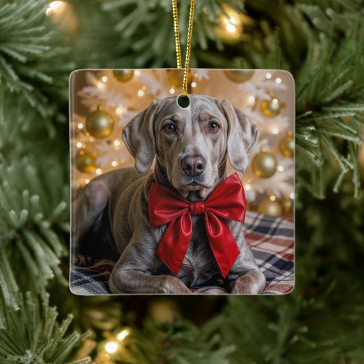 Christmas Weimaraner Dog With Red Bow セラミックオーナメント (ツリー)