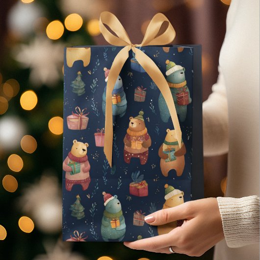 Christmas Whimsical Colorful Bears Gift Bag ミディアムペーパーバッグ
