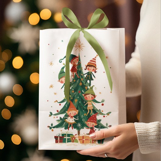 Christmas Whimsical Elves Decorating Tree Gift Bag ミディアムペーパーバッグ
