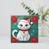 Christmas White Cat in Santa Hat Holiday シーズンカード (スタンド正面)