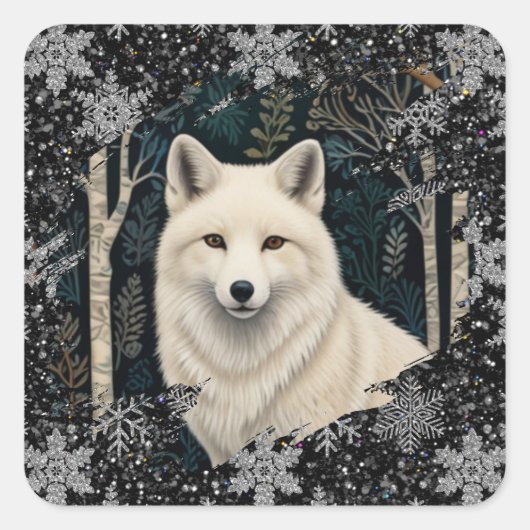 Christmas white fox white wolf sparkling snowflake スクエアシール (正面)