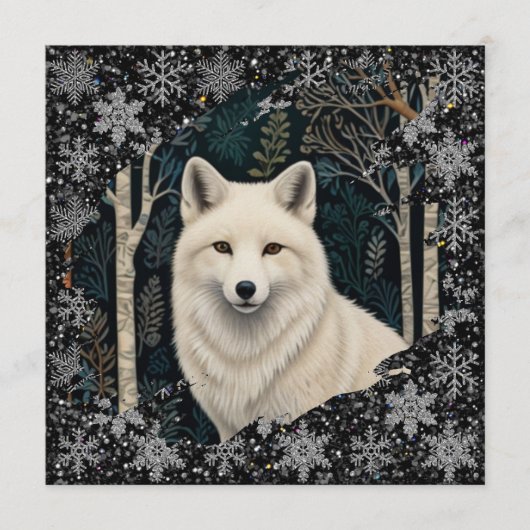 Christmas white fox white wolf sparkling snowflake 招待状 (正面)
