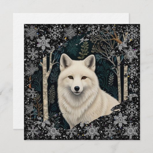 Christmas white fox white wolf sparkling snowflake 招待状 (正面/裏面)