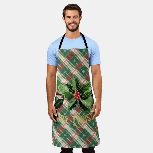 Christmas White Gold Plaid With Wreath エプロン (着用した状態)