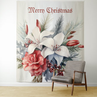Christmas White Red Flowers Holidays Elegant タペストリー