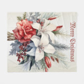 Christmas White Red Flowers Holidays Elegant フリースブランケット (正面(横))