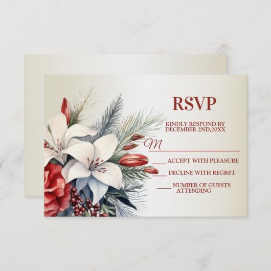 Christmas White Red Flowers Holidays Elegant 出欠カード (正面/裏面)