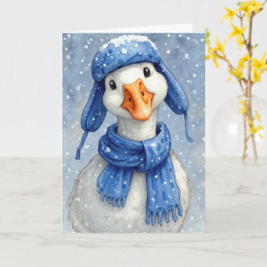 Christmas White Winter Goose With Blue Scarf カード (黄色い花)