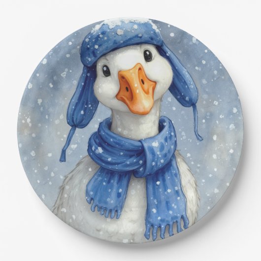 Christmas White Winter Goose With Blue Scarf ペーパープレート (正面)