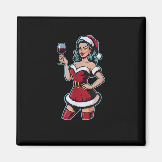 Christmas Wine Santa Girl Holiday Party Funny Vint マグネット (正面)