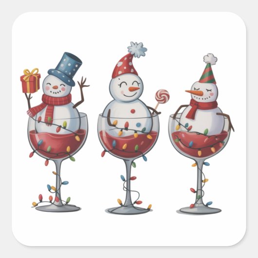 Christmas Wine Snowmen Holiday Spirits Xmas スクエアシール (正面)