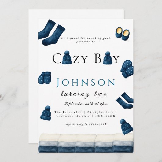  christmas winter cozy boy turning two 招待状 (正面/裏面)