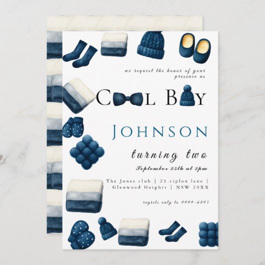  christmas winter cozy boy turning two 招待状 (正面/裏面)