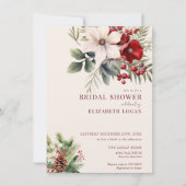Christmas Winter Floral | Red Bridal Shower 招待状 (正面)