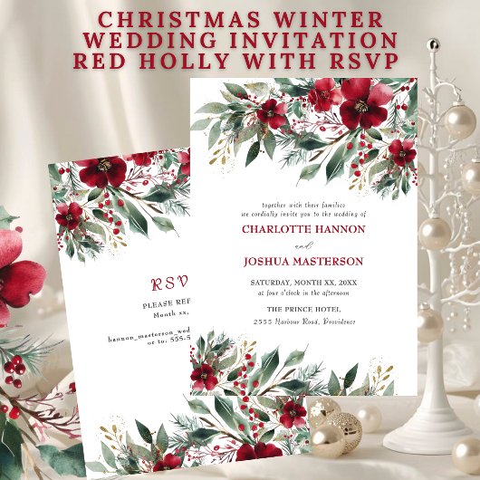 Christmas Winter Wedding Red Holly With RSVP 招待状