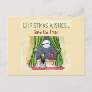 Christmas Wishes Child & Kitty Cat Save the Date ポストカード