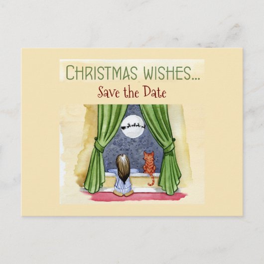 Christmas Wishes Child & Kitty Cat Save the Date ポストカード (正面)