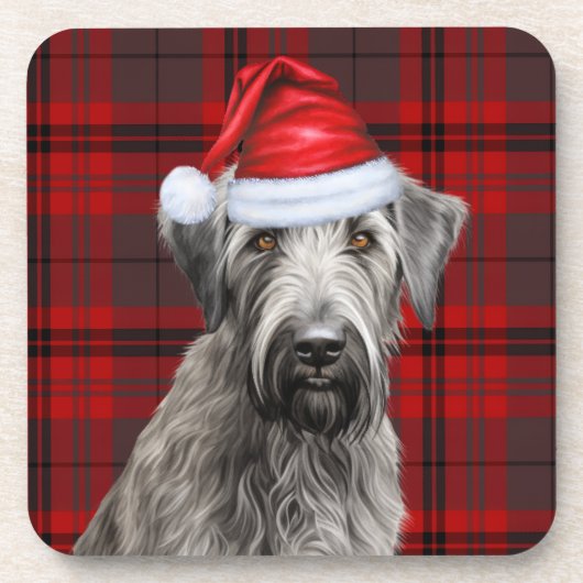 Christmas Wolfhound Dog Red Plaid Holiday コースター (正面)