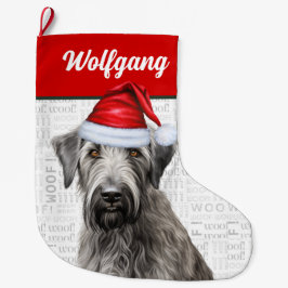 Christmas Wolfhound with Name Woof Background ラージクリスマスストッキング