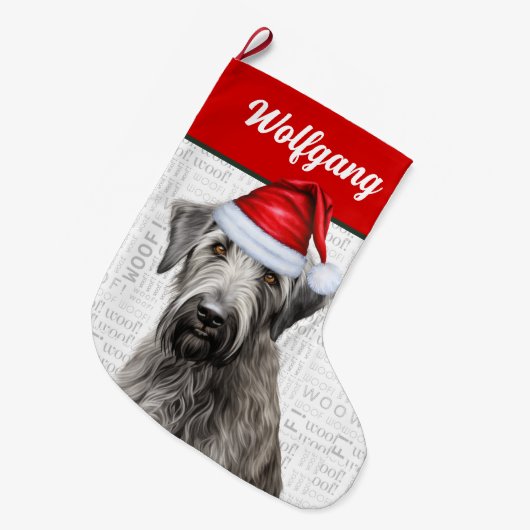 Christmas Wolfhound with Name Woof Background ラージクリスマスストッキング (正面 (吊り時))