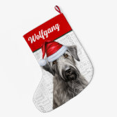 Christmas Wolfhound with Name Woof Background ラージクリスマスストッキング (裏面 (吊り時))