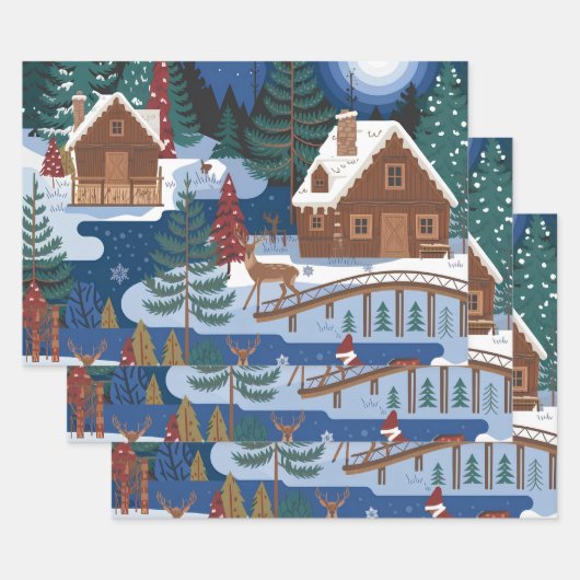 Christmas Wrapping Paper Flat Sheet Set of 3 ラッピングペーパーシート (セット)