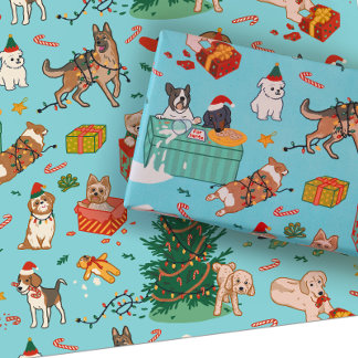 Christmas Wrapping Paper - Funny Cute Dogs Blue ラッピングペーパーシート