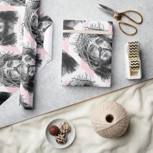 Christmas Wrapping Pink &White Stripe Jesus Christ ラッピングペーパー (クラフト)