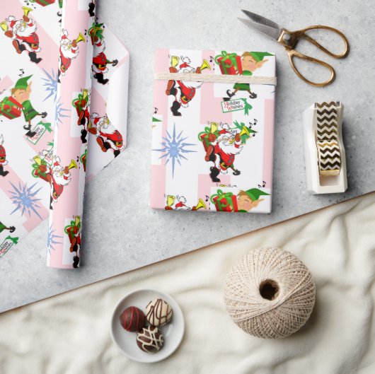 Christmas Wrapping Pink & White Stripe Santa ラッピングペーパー (クラフト)