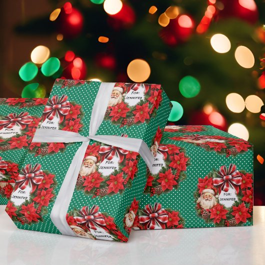 Christmas Wreath Add Name Classic Santa Red Green ラッピングペーパー