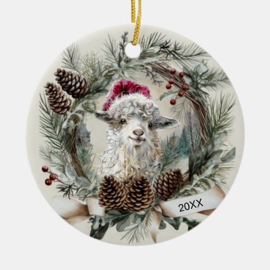 Christmas Wreath Angora Goat セラミックオーナメント (正面)