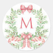 Christmas Wreath Candy Cane Bow | Monogram ラウンドシール (正面)