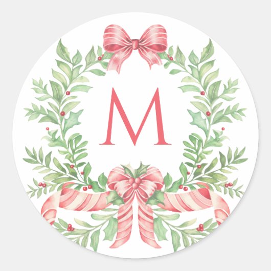 Christmas Wreath Candy Cane Bow | Monogram ラウンドシール (正面)