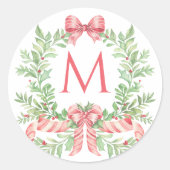 Christmas Wreath Candy Cane Bow | Monogram  ラウンドシール (正面)