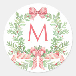 Christmas Wreath Candy Cane Bow | Monogram  ラウンドシール