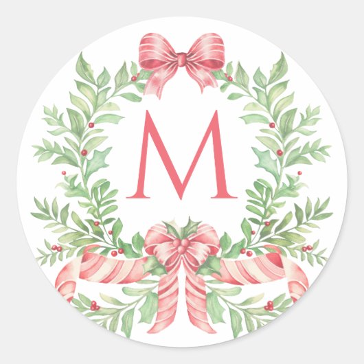 Christmas Wreath Candy Cane Bow | Monogram  ラウンドシール (正面)